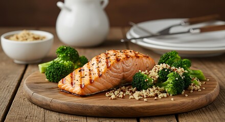 Grilled Salmon with Broccoli and Quinoa on Rustic Wooden Board