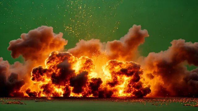 Nuclear atomic bomb explosion VFX with smoke, fire and mushroom cloud, isolated on green screen  background