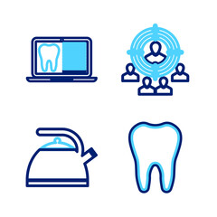 Set line Tooth, Kettle with handle, Marketing target strategy and Laptop dental card icon. Vector