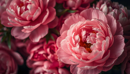 Beautiful floral background from pink peonies. Tender flowers petals in vintage toned, dramatic atmosphere. White tone