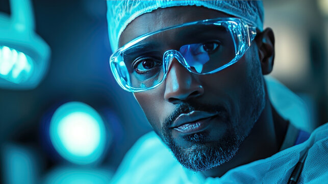 Confident African American surgeon wearing protective glasses, a surgical cap,medical attire in a high-tech operating room, symbolizing professionalism, expertise,modern healthcare.Banner,copy space - Powered by Adobe