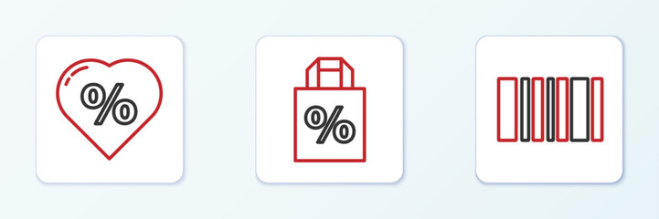 Set line Barcode, Discount percent tag in heart and Shoping bag with discount icon. Vector
