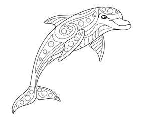 Dolphin - antistress coloring book - vector linear picture for coloring. Dolphin with a pattern for coloring. Outline. Hand picture.	
