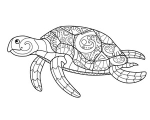 Sea turtle - antistress coloring page. Swimming sea turtle - vector line drawing for coloring. An element for a coloring book about the ocean. Outline.	