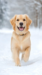 Happy golden retriever puppy in snow