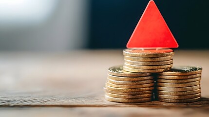Warning Sign Label on Stacked Coins in Uncertain Financial Situation on Wooden Table