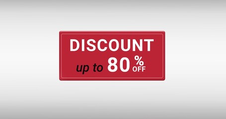 3d red rectangular sale button discount up to 80 off appearing with light effect on white background