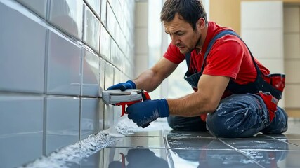 Professional construction worker laying tiles on the floor, home renovation scene. High quality 4k footage