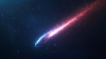 Vivid comet streaking across dark sky, vibrant blue and red tail illuminating cosmic space, perfect for sci-fi themes.