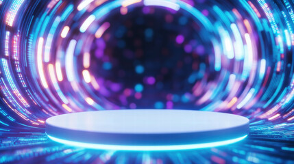 Futuristic neon circular podium with vibrant light patterns for event display design