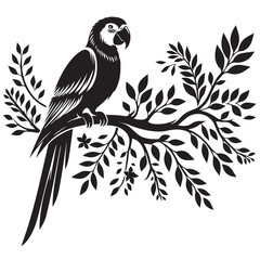 monochrome parrot perched on leafy branch in tropical jungle, elegant bird silhouette artwork, nature-inspired exotic wildlife illustration, tribal-style avian design