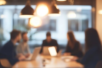blurred photo of an office meeting room with business people sitting around the table with laptops and documents, discussing business plans, talking and working together