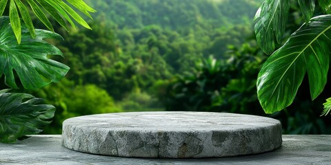 Stone table with a lush green forest in the background creating a natural and scenic atmosphere