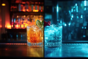Bartender transformation showcasing simple and crafted cocktails in a vibrant Saint Petersburg bar setting Generative AI