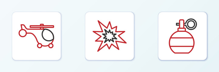 Set line Hand grenade, Helicopter and Bomb explosion icon. Vector
