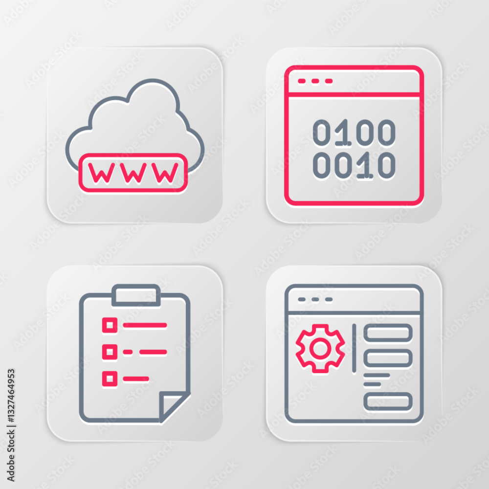Poster set line browser setting, clipboard with checklist, binary code and web development icon. vector