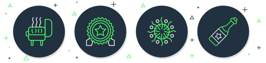Set line Medal with star, Firework, Barbecue grill and Champagne bottle icon. Vector