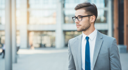 Fototapeta premium Confident young caucasian adult male in suit outdoors