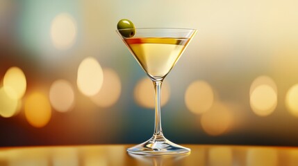 Classic Martini Cocktail with Olive on Wooden Tabletop