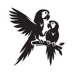 two parrots embracing on a branch with wings spread, black and white silhouette artwork, tribal-inspired avian design, exotic tropical birds, wildlife lovers illustration © Md Faysal Ahmed