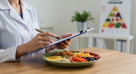 Dietitian Assessing Healthy Plate with Grains, Fruits, and Vegetables