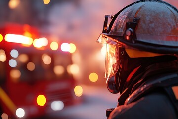 Firefighter in full protective gear stands next to a bright red fire truck, showcasing bravery amid flashing lights and distant smoke. An inspiring sight for public safety awareness