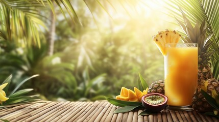 Tropical fruit punch cocktail with mango passion fruit and pineapple on a bamboo table under a palm tree with soft sunlight filtering through leaves for an island paradise feel