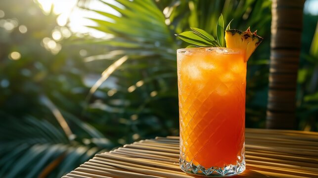 Tropical fruit punch cocktail with mango passion fruit and pineapple on a bamboo table under a palm tree with soft sunlight filtering through leaves for an island paradise feel