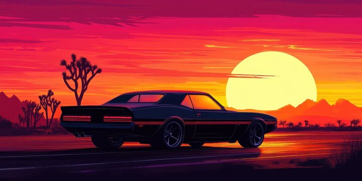 A classic black coupe driving on a desert road at sunset