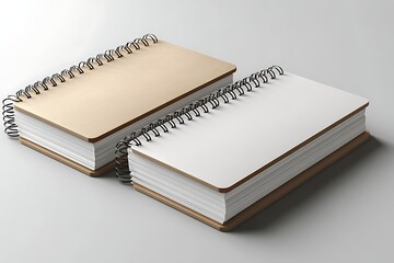 Blank Spiral Notebooks Mockup Beige and White Paper Notepads on Gray Background