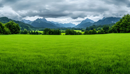 Fototapeta premium Lush green field stretches to a mountain range under a cloudy sky