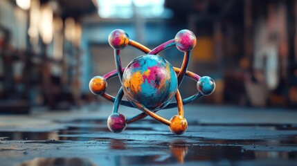 Colorful atomic model on a metallic surface. Abstract artistic representation of science, technology, and innovation. Vibrant colors, modern design.