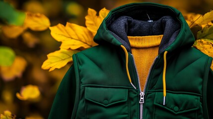 Dark green hooded jacket with a mustard yellow turtleneck sweater underneath. Autumn leaves in the background.