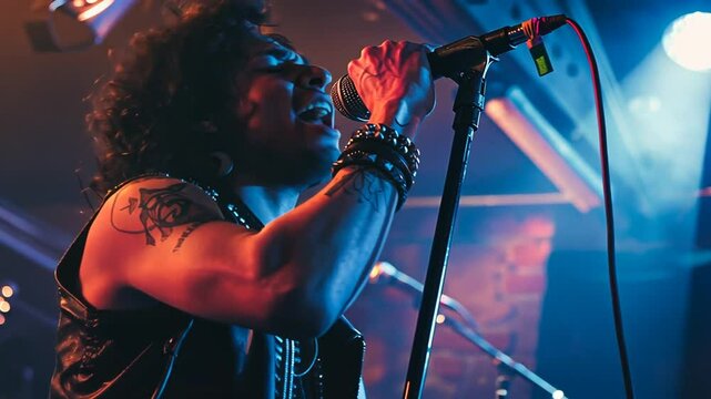 Rock-S&auml;nger mit Mikrofon performt auf gro&szlig;er B&uuml;hne