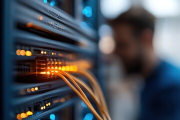 Focused IT technician works in a high-tech data center, carefully adjusting cables on a glowing blue server rack while surrounded by advanced network hardware