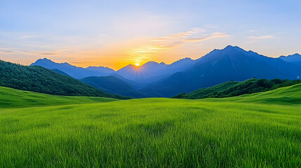 Fototapeta premium Lush green meadow at sunset with majestic mountains