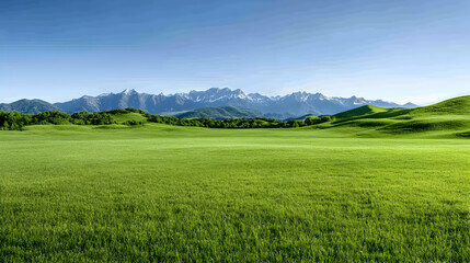 Obraz premium Lush green meadow stretches towards snow-capped mountains under a vibrant blue sky (1)