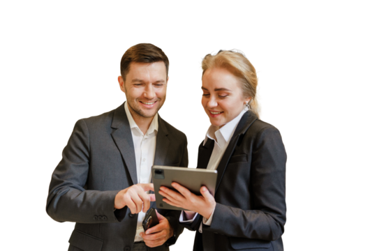 Colleagues collaborating on a tablet while discussing a project in a professional setting - Powered by Adobe