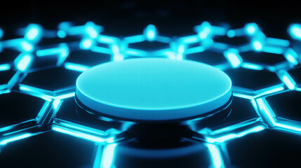Fototapeta premium Futuristic blue illuminated circular podium on hexagonal surface design for technology displays