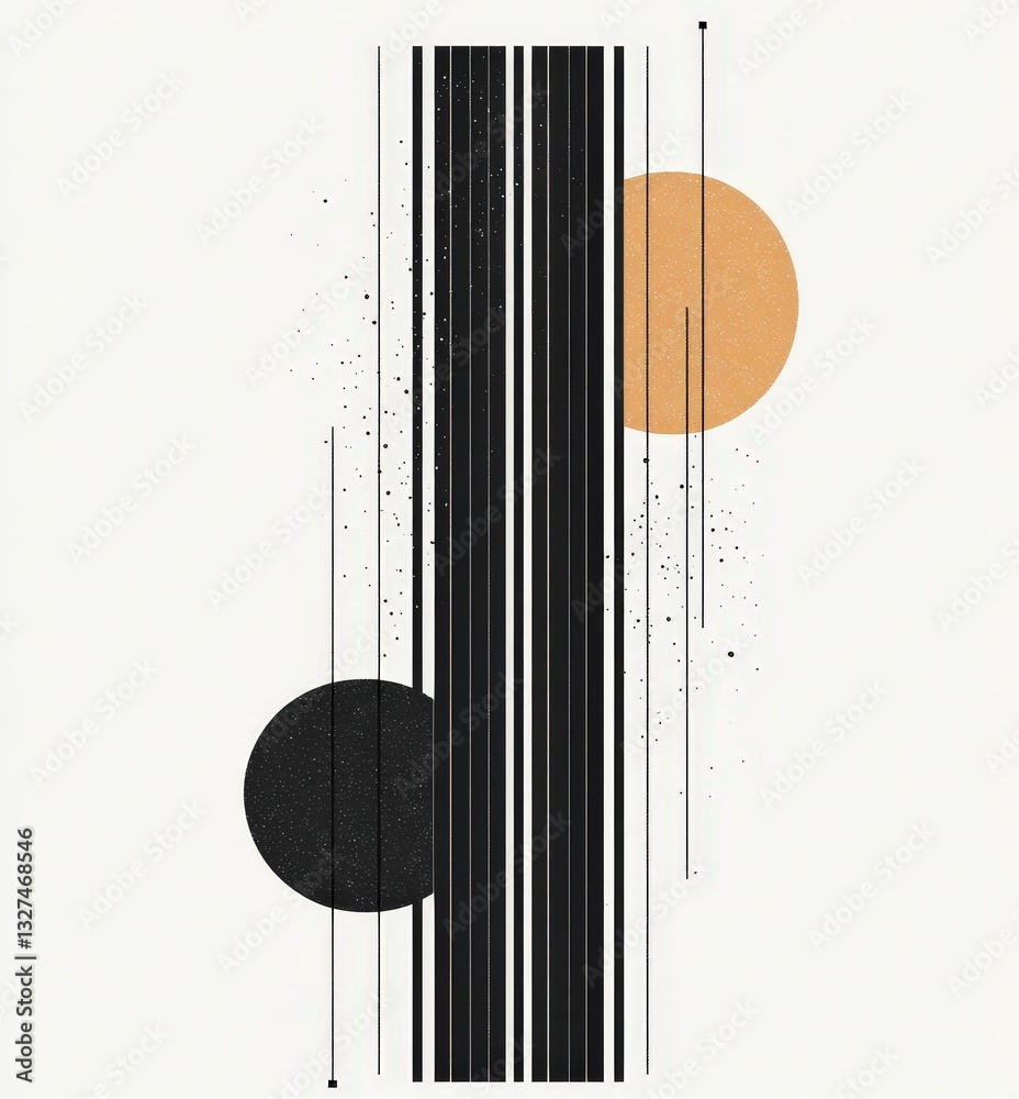 Poster abstract design featuring contrasting circles and vertical lines on a light background, creating a m