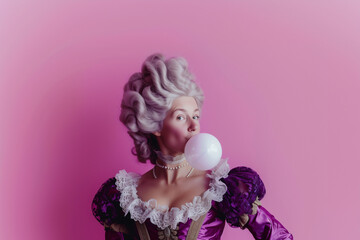 Fototapeta premium A girl blows bubble gum, dressed in exquisite baroque costumes, showcasing elegance and historic charm, with a pink background.