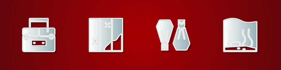 Set Case container for wobbler, Folded map, Rubber flippers swimming and Aquarium icon. Vector