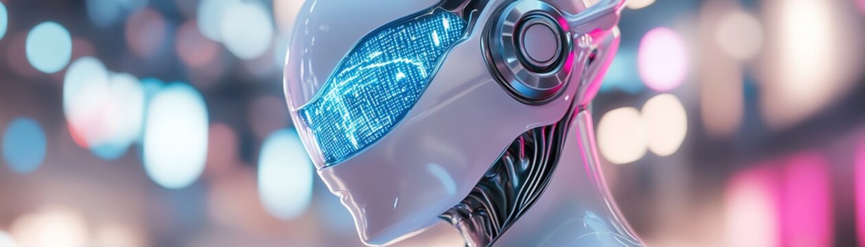 A sleek cybernetic alien with metallic skin and bright blue neural implants stands in a vibrant city of neon lights. Holographic data flows around it, showcasing advanced technology and intelligence