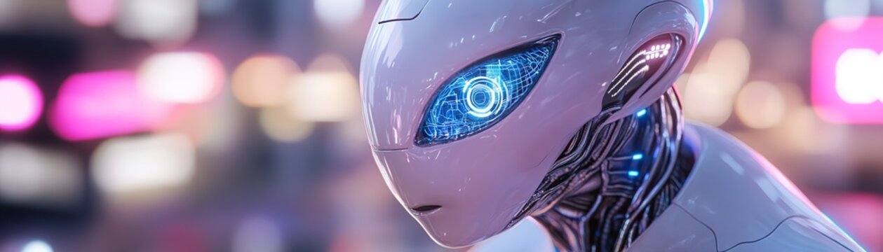 This cybernetic alien with smooth metallic skin stands amidst a high-tech cityscape, glowing blue implants and data streams illuminating its intelligent gaze