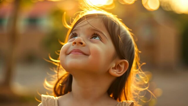A young girl stands in awe, gazing at the warm glow of a summer sunset. The bokeh effect enhances the dreamlike quality of this joyful moment filled with wonder and appreciation for life