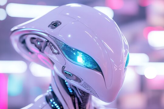 A cybernetic alien with sleek metallic skin and glowing blue implants radiates intelligence as holographic data flows around it. The background features a vibrant, futuristic city
