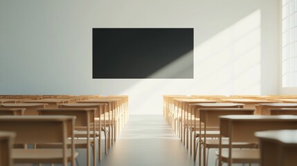 Modern classroom setting, spacious room with wooden desks, large blackboard on a white wall, bright natural light illuminating the space.