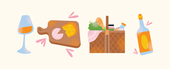 Picnic food and drinks with fruits, bread, and beverages. Flat vector illustration of picnic basket, cake, cheese board, and umbrella with decorative flowers and leaves. Summer picnic concept