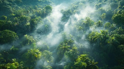 Lush jungle shrouded in morning mist