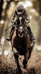 Fototapeta premium Powerful horse race, jockey, speed, dirt, victory